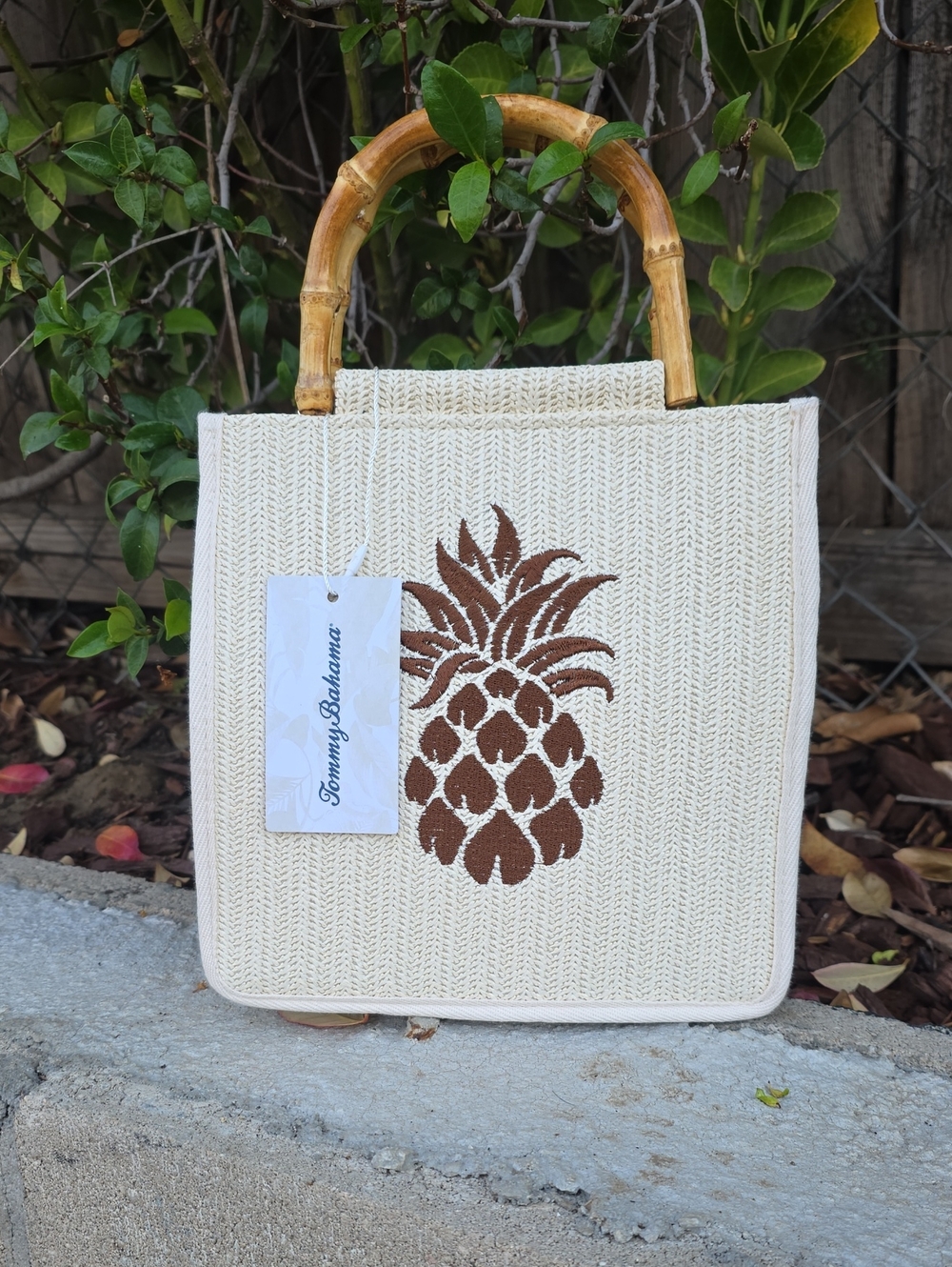 Tommy Bahama Cream Tote with Brown Pineapple and Bamboo Handles
